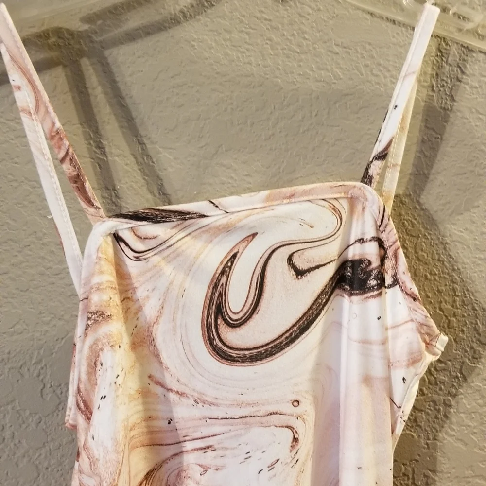 Shein Girls Sleeveless Dress Cream/Beige/Brown Marbled Print Ruching Size 10-11Y